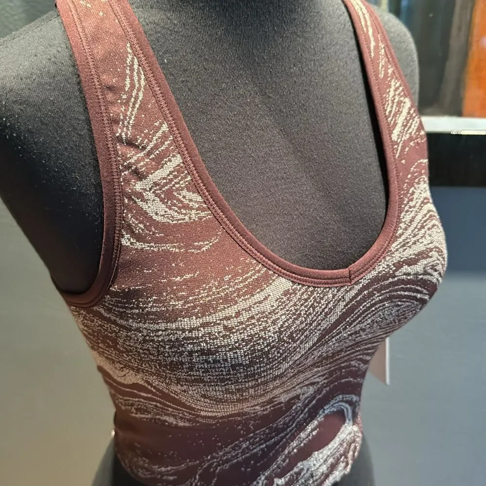Athleta Aurora Seamless Shine Crop Rib Tank V Neck Bra Sparkle Spiced Cabernet S